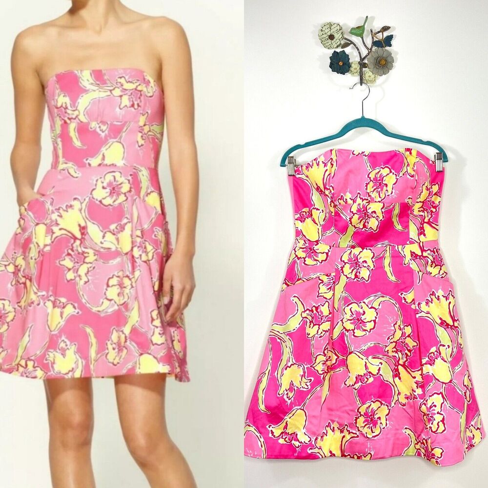 Lilly Pulitzer Day Lilly Hotty Pink Day Dress Pockets Strapless Size 6 A Line